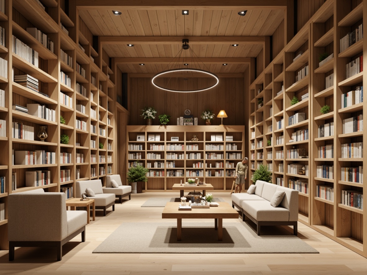 Prompt: Minimalist bookstore interior, wooden shelves, neutral color palette, floor-to-ceiling bookcases, cozy reading nooks, comfortable sofas, warm beige tones, elegant pendant lights, soft box lighting, indirect illumination, subtle shadows, simple decorative elements, natural materials, reclaimed wood accents, industrial-chic metal fixtures, calm atmosphere, serene ambiance, 1/1 composition, shallow depth of field, realistic textures.