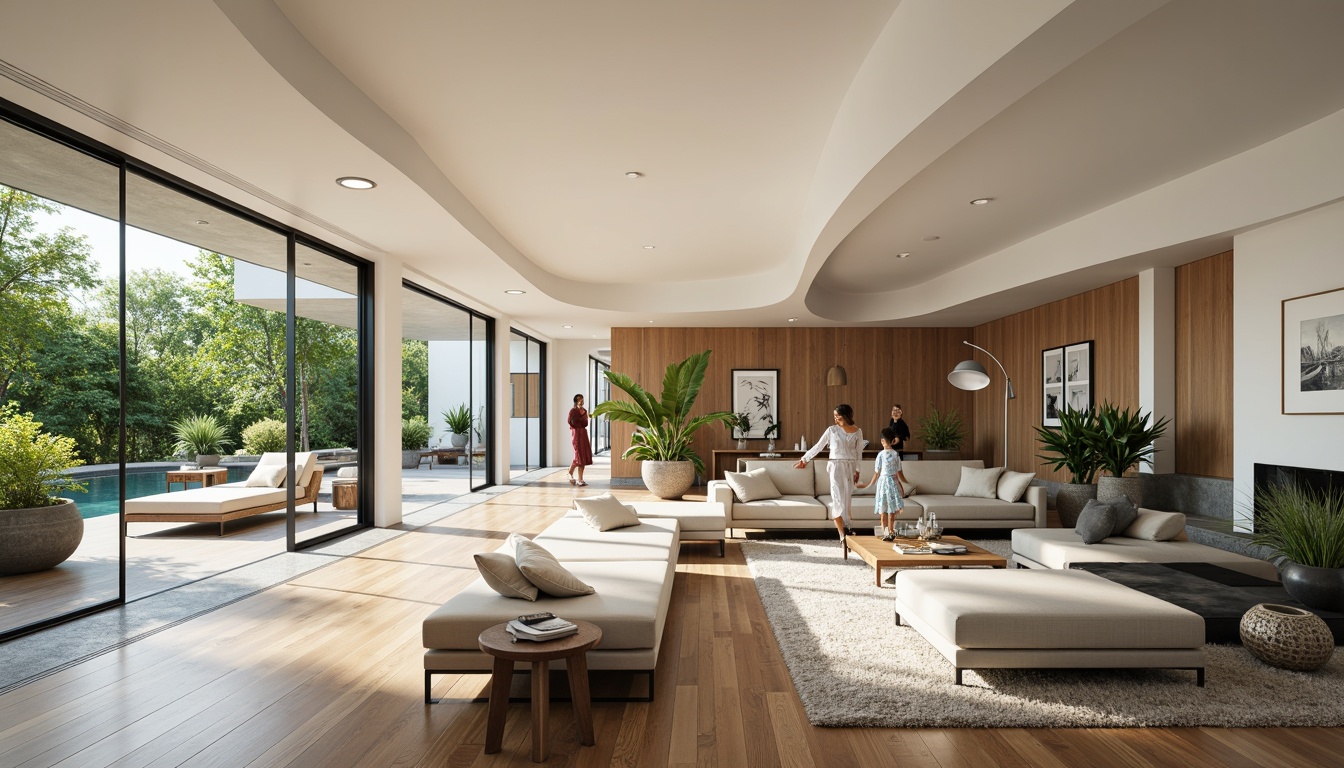 Prompt: Open-plan living room, minimalist decor, sleek modern furniture, flowing curves, spacious layout, airy atmosphere, natural light pouring in, floor-to-ceiling windows, sliding glass doors, polished hardwood floors, plush area rugs, comfortable sofas, geometric coffee tables, elegant floor lamps, vibrant greenery, thriving plants, gentle water features, soothing soundscapes, 1/1 composition, softbox lighting, subtle shading, realistic textures.