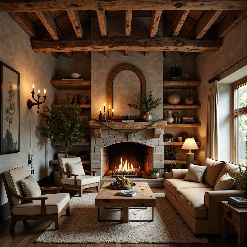 Prompt: Rustic wooden accents, earthy tones, natural stone walls, vintage decorative items, cozy fireplaces, plush woven textiles, warm candlelight, rich leather upholstery, distressed wood furniture, metal hardware, soft beige curtains, weathered wood beams, organic shapes, natural materials, muted color scheme, warm golden lighting, shallow depth of field, 1/2 composition, realistic textures, ambient occlusion.