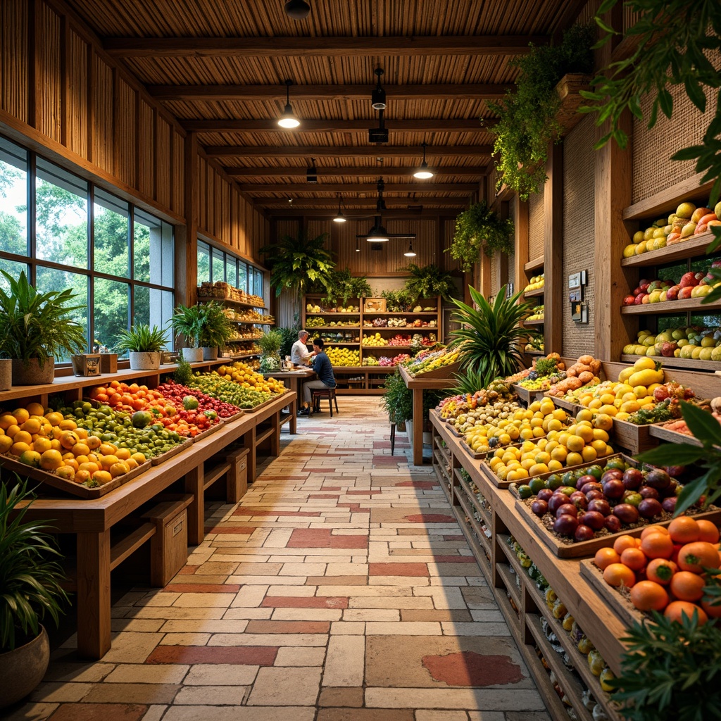 Prompt: Vibrant tropical grocery store, exotic fruit displays, colorful ceramic tiles, natural stone flooring, woven bamboo accents, rustic wooden shelves, earthy tone walls, lush greenery, warm lighting, shallow depth of field, 3/4 composition, panoramic view, realistic textures, ambient occlusion.