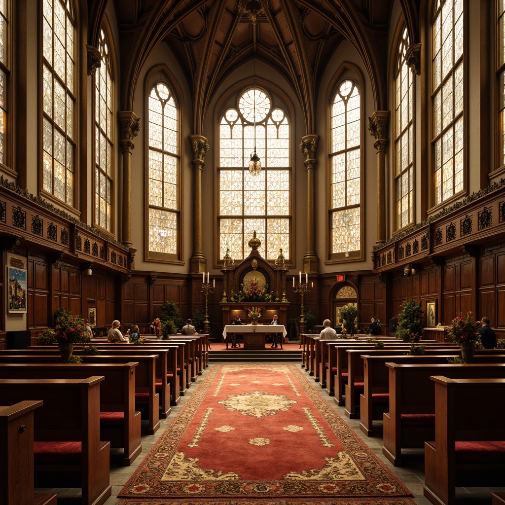 Prompt: Sacred religious space, elegant wooden pews, ornate stained glass windows, richly textured carpets, antique bronze candlesticks, majestic altar tables, intricately carved wooden confessionals, plush velvet upholstered chairs, solemn stone flooring, warm golden lighting, soft focus photography, 1/2 composition, peaceful ambiance, subtle texture overlays.