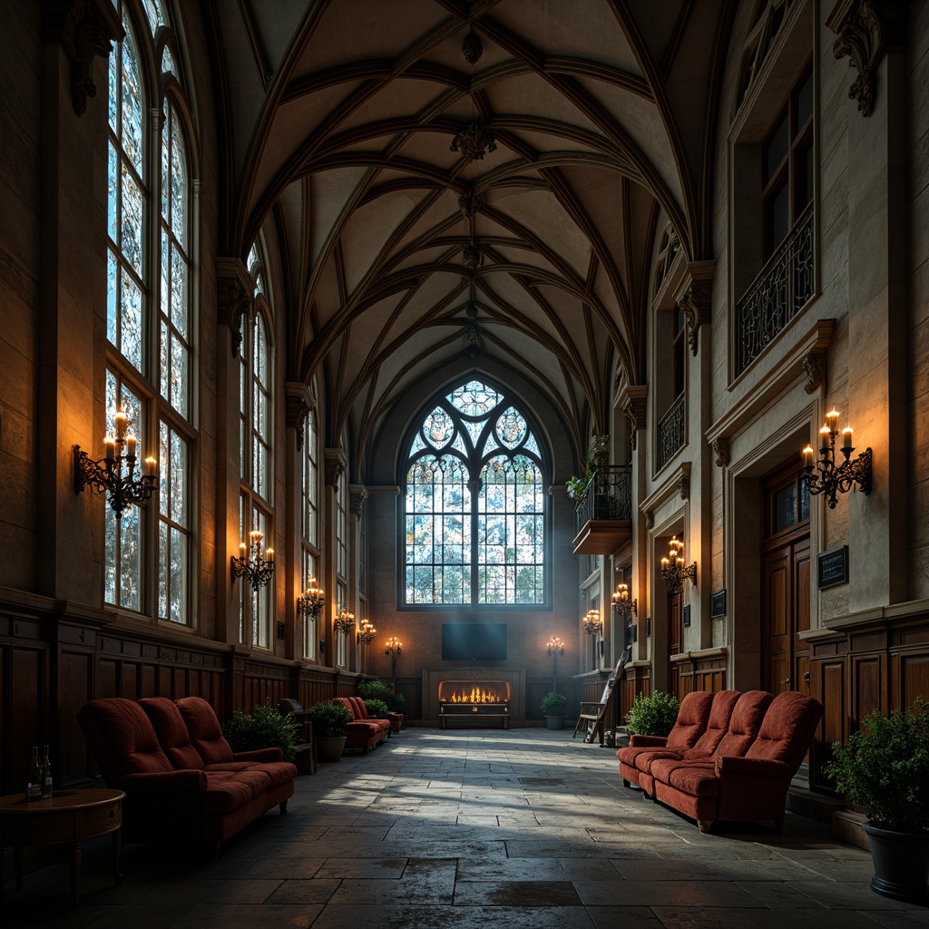 Prompt: Intricate stone carvings, grandiose pointed arches, ribbed vaulted ceilings, stunning stained glass windows, ornate gargoyles, mysterious lanterns, rustic wooden accents, rich velvet drapes, dramatic candlelight, eerie misty atmosphere, cinematic 3/4 composition, narrow depth of field, warm golden lighting, soft focus effect, realistic textures, ambient occlusion.