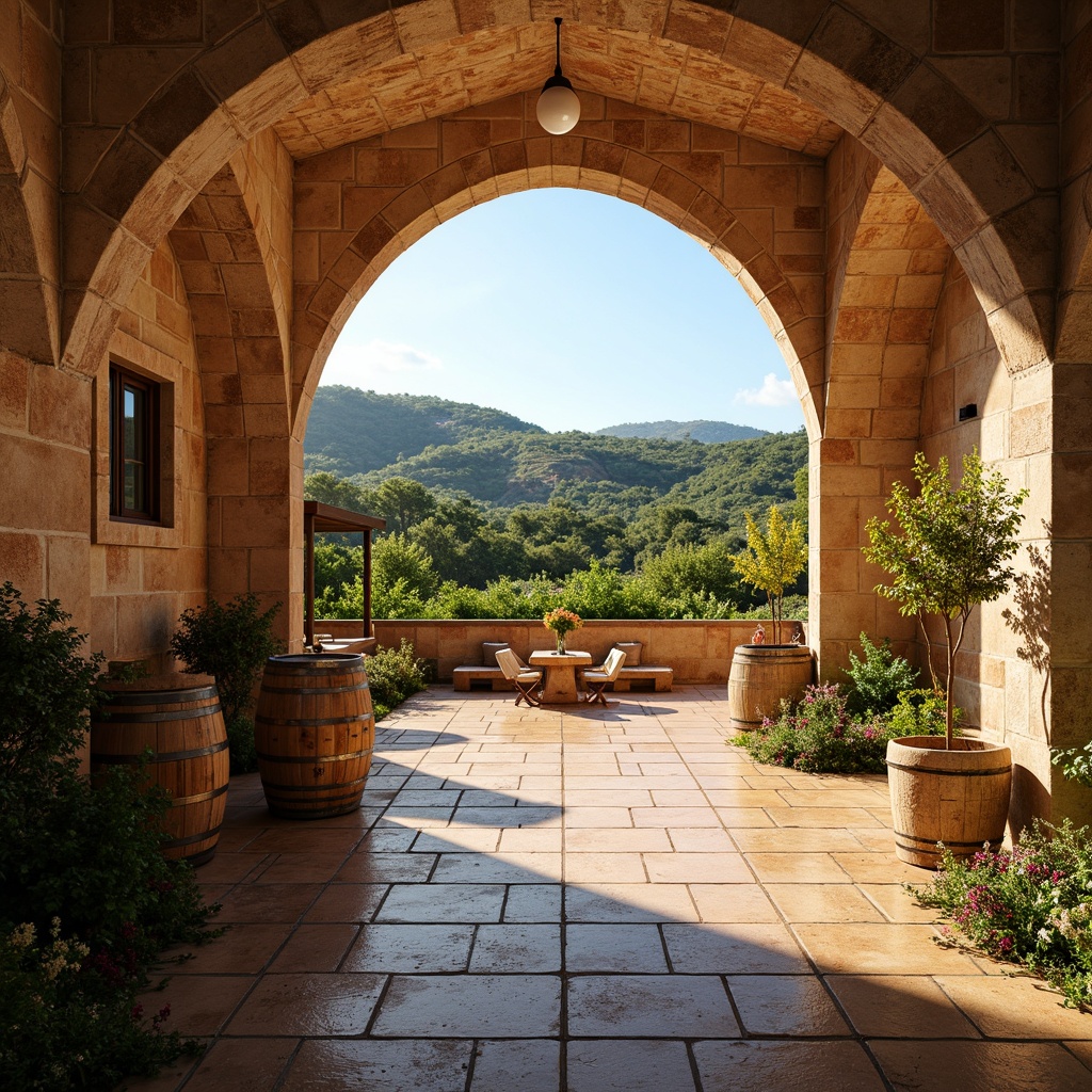 Prompt: Warm Mediterranean winery, rustic stone walls, curved archways, earthy terracotta tiles, vintage wooden barrels, lush green vines, sun-kissed hills, bright blue skies, warm golden lighting, soft focus, shallow depth of field, 1/2 composition, natural textures, ambient occlusion, warm beige color palette, rich turquoise accents, deep crimson wine tones, soft sage greens, creamy whites, earthy browns.