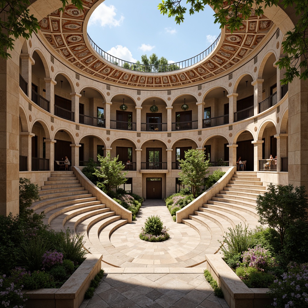 Prompt: Grand amphitheater, curved seating rows, ornate stone carvings, intricate mosaic patterns, vibrant tile work, ornamental railings, decorative lighting fixtures, majestic arches, imposing columns, grand staircases, lush greenery, blooming flowers, sunny day, soft warm lighting, shallow depth of field, 3/4 composition, panoramic view, realistic textures, ambient occlusion.