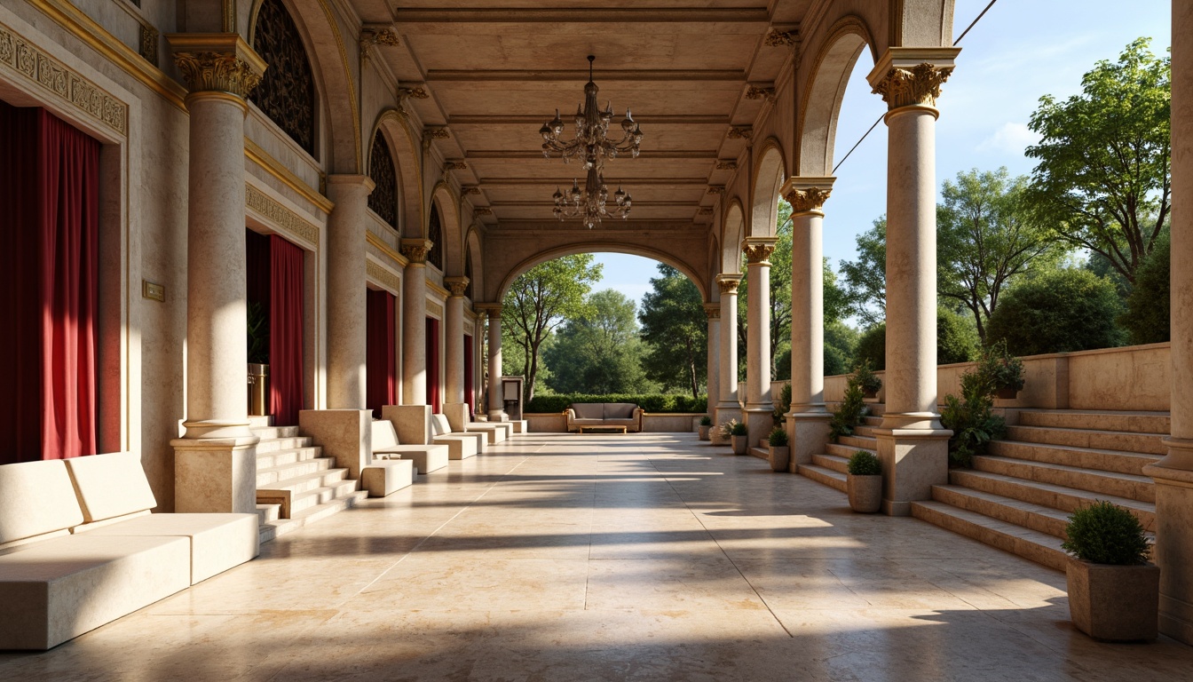 Prompt: Tranquil amphitheater, neoclassical architecture style, limestone columns, marble flooring, travertine walls, ornate carvings, grand staircase, velvet red curtains, golden ornaments, crystal chandeliers, warm beige stone seating, lush greenery surroundings, sunny afternoon, soft diffused lighting, shallow depth of field, 1/2 composition, symmetrical framing, realistic textures, ambient occlusion.