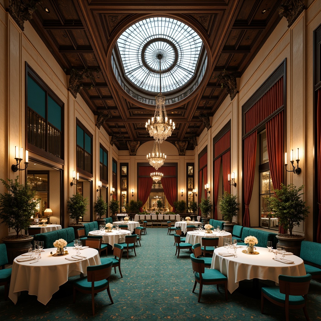 Prompt: Luxurious dining hall, ornate furnishings, rich wood tones, velvety emerald green, jewel-toned turquoise, opulent gold accents, creamy whites, soft peach hues, lavish drapery, intricate ironwork, flowing organic lines, grand chandeliers, stained glass ceilings, warm candlelight, intimate ambiance, 1/2 composition, shallow depth of field, dramatic shadows.