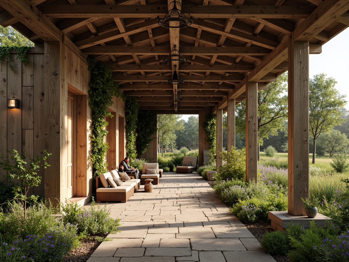 Prompt: Rustic pavilion, reclaimed wood, earthy tones, natural stone walls, wooden beams, vintage metal lanterns, distressed finishes, organic shapes, lush greenery, overgrown vines, weathered copper accents, moss-covered roofs, stone pathways, wildflower fields, warm sunny day, soft diffused lighting, shallow depth of field, 1/2 composition, realistic textures, ambient occlusion.