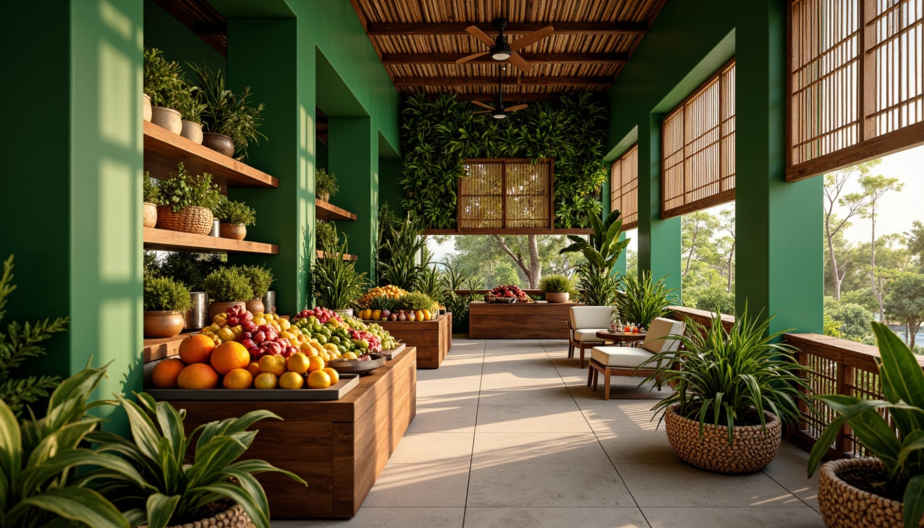 Prompt: Vibrant tropical colors, lush green walls, exotic plants, natural wood accents, woven bamboo shelves, rattan baskets, warm lighting, airy open spaces, modern minimalist decor, sleek metal fixtures, earthy tone flooring, organic produce displays, colorful fruit arrangements, fragrant flower bouquets, refreshing water features, misting systems, shallow depth of field, 1/1 composition, realistic textures, ambient occlusion.