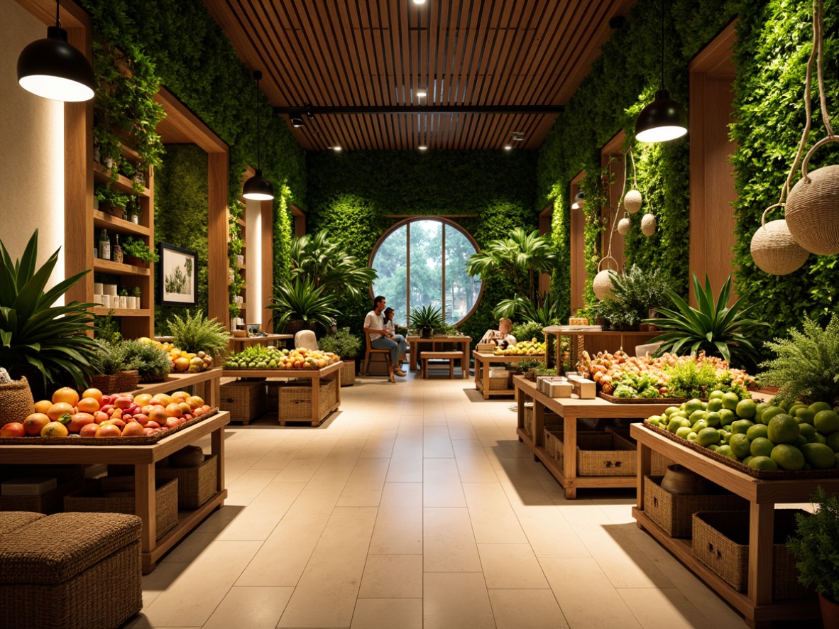 Prompt: Warm tropical ambiance, lush green walls, exotic plant arrangements, wooden accents, natural textiles, rattan furniture, vibrant color scheme, warm beige floors, soft diffused lighting, pendant lamps, LED strip lights, warm white tones, cozy nooks, organic produce displays, fresh fruit stands, woven baskets, earthy ceramics, warm atmospheric shadows, 1/2 composition, realistic reflections, subtle ambient occlusion.