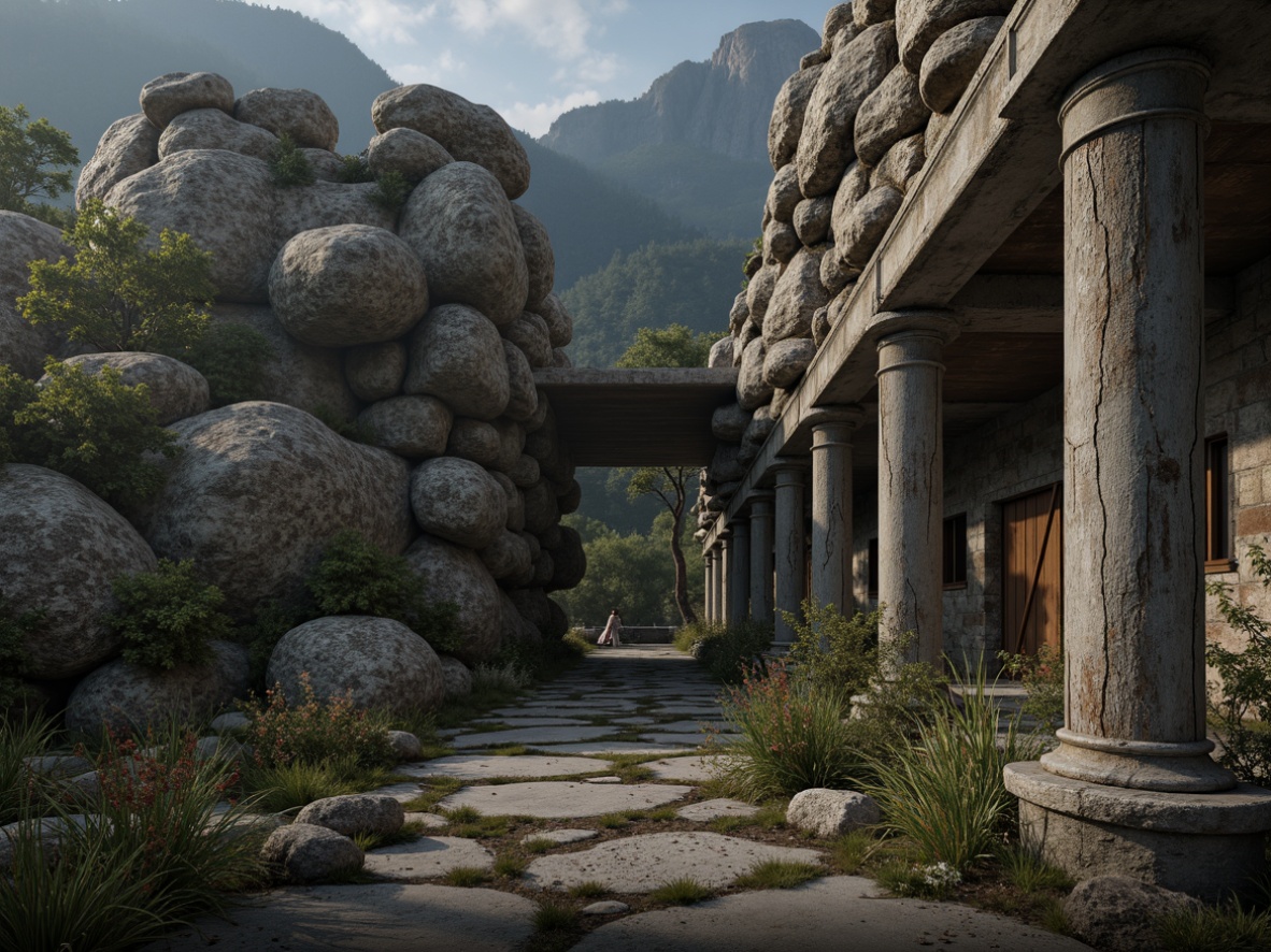 Prompt: Rugged rocky terrain, weathered stone walls, moss-covered boulders, intricate tree bark, wrinkled leather textures, distressed wood planks, rough-hewn stone columns, aged metal rust, peeling paint effects, subtle normal mapping, ambient occlusion, realistic surface details, high-frequency detail noise, cinematic depth cues, atmospheric fog effects, misty mountain vistas, eerie abandoned landscapes.