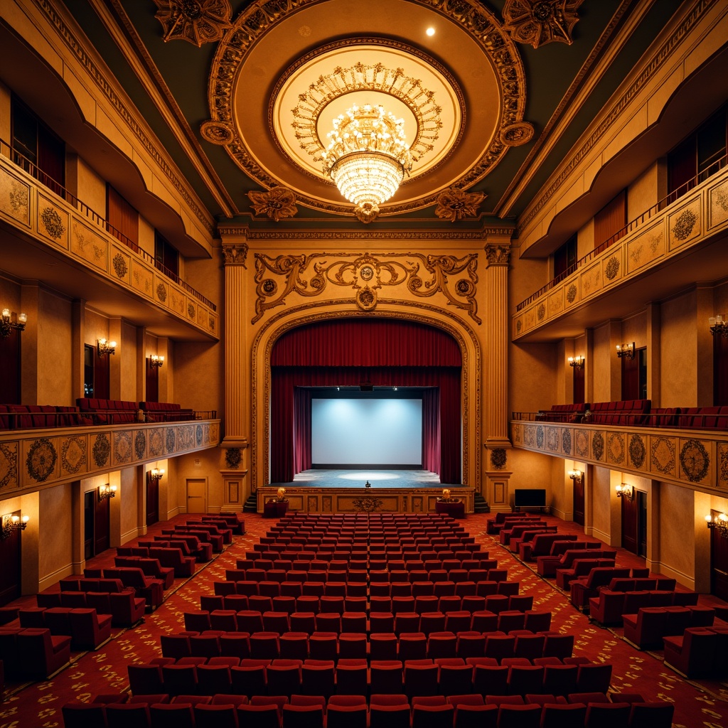 Prompt: Elegant theater interior, ornate chandeliers, warm golden lighting, dramatic spotlights, soft diffused illumination, flexible stage lighting systems, energy-efficient LED lights, acoustic paneling, rich wood tones, plush red velvet seats, grand staircases, high ceilings, opulent balconies, vibrant color schemes, subtle texture variations, nuanced contrast levels, dynamic beam angles, 1/2 composition, dramatic low-key lighting, warm color temperatures, cinematic ambiance.