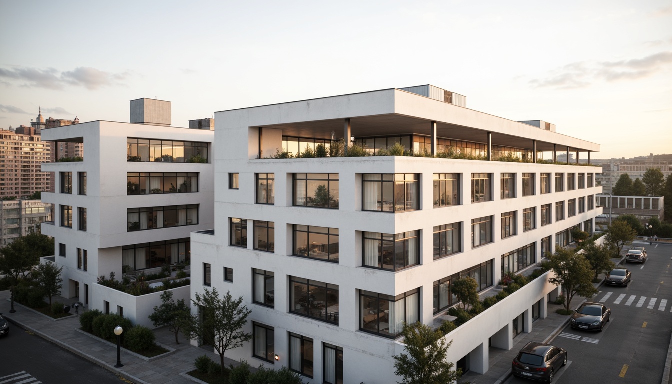 Prompt: Clean-lined Bauhaus building, large windows, minimal ornamentation, functional simplicity, white walls, open floor plans, cantilevered roofs, steel frames, industrial materials, urban setting, cityscape views, morning sunlight, soft warm lighting, shallow depth of field, 1/1 composition, panoramic view, realistic textures, ambient occlusion, subtle shadows, high-contrast lighting, architectural photography.