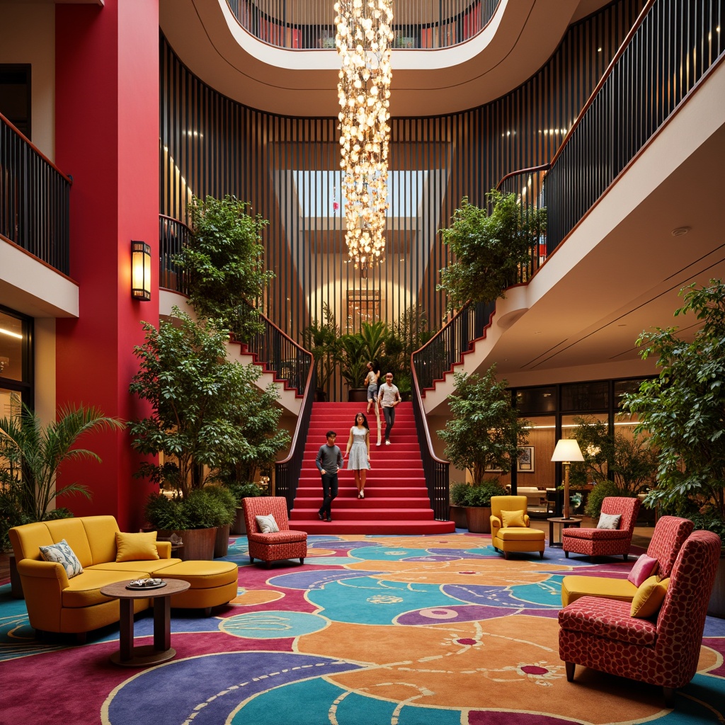 Prompt: Vibrant hotel lobby, eclectic furniture arrangement, bold color scheme, luxurious textures, ornate chandeliers, dramatic staircase, grand atrium, opulent furnishings, lavish decor, expressive architectural features, curved lines, fluid forms, dynamic spatial flow, playful visual connections, whimsical ambiance, warm soft lighting, shallow depth of field, 1/1 composition, symmetrical framing, realistic reflections, ambient occlusion.