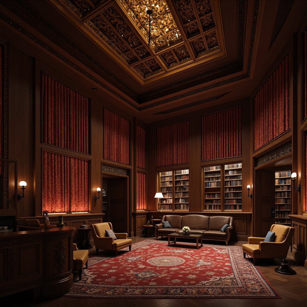 Prompt: Luxurious academic interior, rich velvet fabrics, intricate woven patterns, subtle sheen, warm earthy tones, comfortable seating areas, wooden paneling, ornate carved details, classic library atmosphere, vintage leather armchairs, sophisticated color palette, softbox lighting, 3/4 composition, shallow depth of field, realistic textures, ambient occlusion.