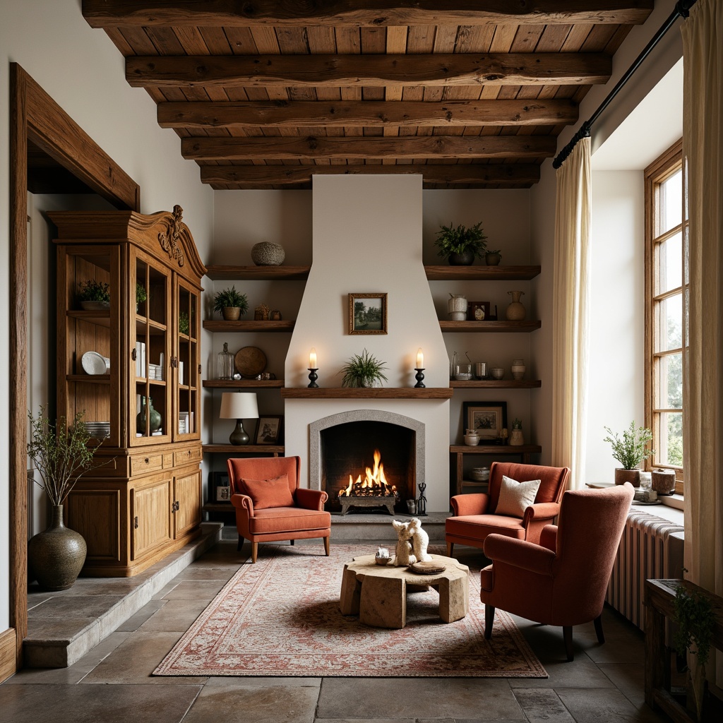 Prompt: Rustic farmhouse, distressed wood accents, soft cream walls, vintage furniture pieces, ornate metalwork, plush velvet upholstery, carved wooden cabinets, antique decorative items, natural stone floors, earthy color palette, warm candlelight, shallow depth of field, 1/1 composition, cozy reading nook, elegant drapery, romantic ambiance, classic French country charm.