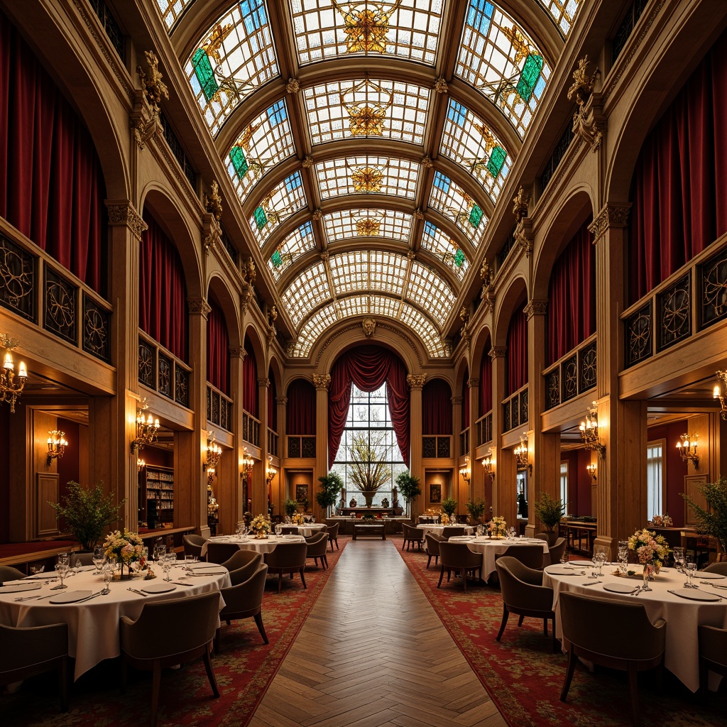 Prompt: Ornate dining hall, curved lines, organic shapes, flowing patterns, stained glass ceiling, intricate metalwork, ornamental columns, lavish chandeliers, velvet drapes, rich wood paneling, elegant furnishings, floral motifs, sinuous curves, asymmetrical composition, warm golden lighting, soft focus, shallow depth of field, 2/3 composition, romantic ambiance.