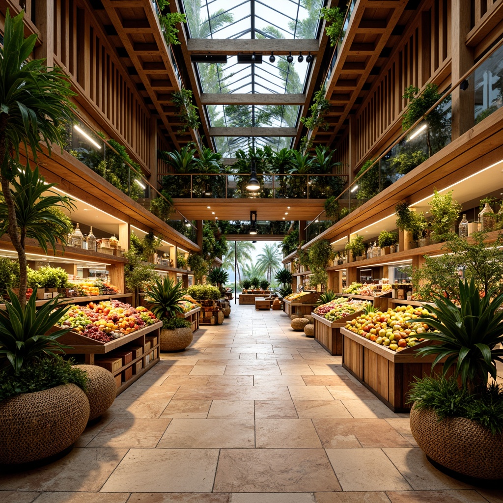 Prompt: Vibrant tropical grocery store interior, warm wooden accents, lush greenery, exotic flower arrangements, natural stone floors, woven rattan baskets, colorful ceramic tiles, soft warm lighting, ambient occlusion, shallow depth of field, 3/4 composition, panoramic view, realistic textures, warm color palette, inviting atmosphere, overhead skylights, LED track lights, pendant lamps, floor lamps, table lamps, decorative lanterns, tropical fruit displays, fresh produce stands, wooden crates, woven fibers, natural materials, earthy tones.