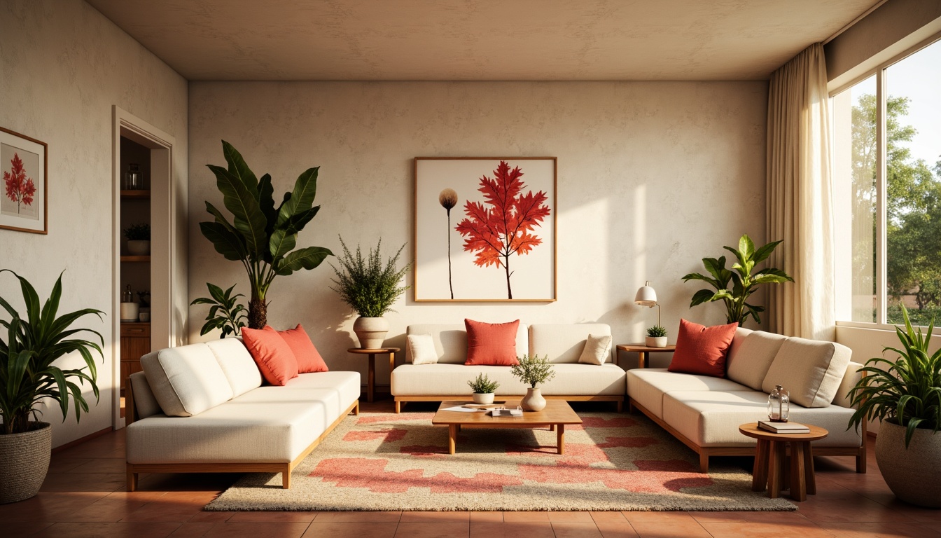 Prompt: Calming living room, soft beige walls, warm creamy furniture, natural wood accents, plush greenery, vibrant coral pops, earthy terracotta floors, cozy textiles, ambient golden lighting, shallow depth of field, 3/4 composition, panoramic view, realistic textures, subtle shadowing.