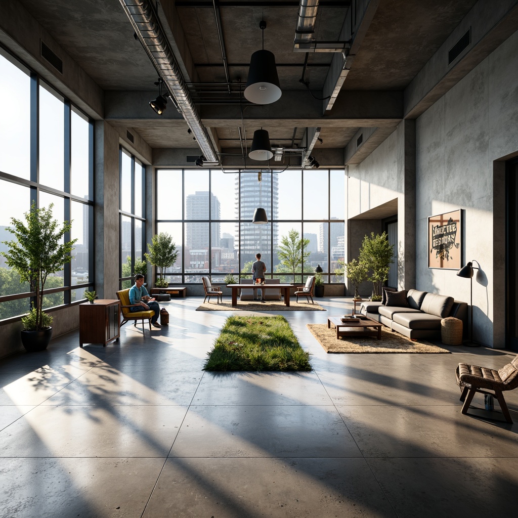 Prompt: Open floor plan, minimalist decor, clean lines, industrial materials, functional spaces, ample natural light, large windows, sliding glass doors, polished concrete floors, metal beams, exposed ductwork, geometric shapes, monochromatic color scheme, bold typography, modern furniture, sleek lighting fixtures, abundant greenery, urban landscape views, morning sunlight, soft diffuse lighting, shallow depth of field, 2/3 composition, realistic textures, ambient occlusion.