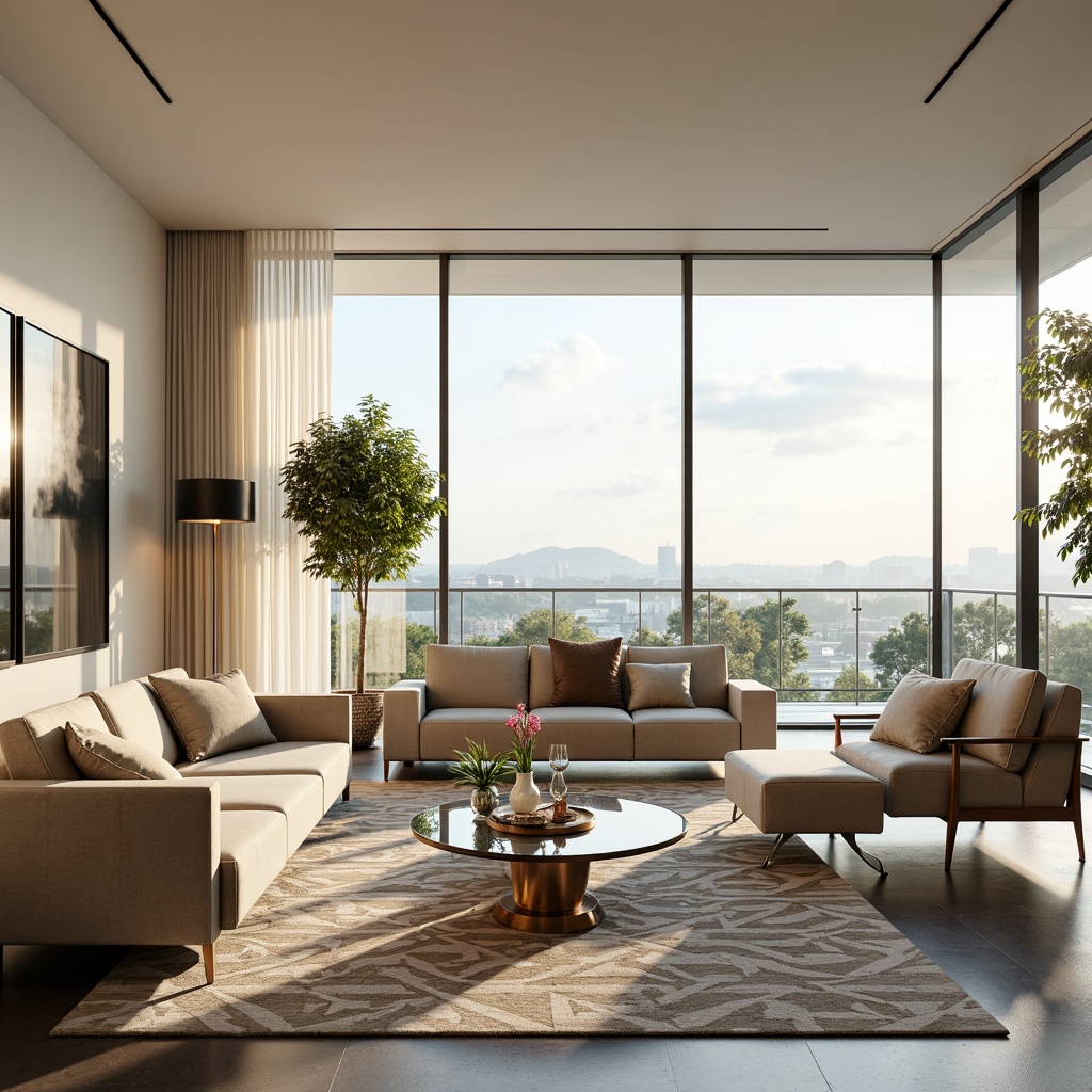 Prompt: Luxurious living room, sleek glass accents, modern minimalist decor, polished chrome fixtures, creamy white walls, plush velvet sofas, geometric patterned rugs, floor-to-ceiling windows, natural light pouring in, soft warm ambiance, subtle reflections, 1/1 composition, shallow depth of field, realistic glass textures, ambient occlusion.