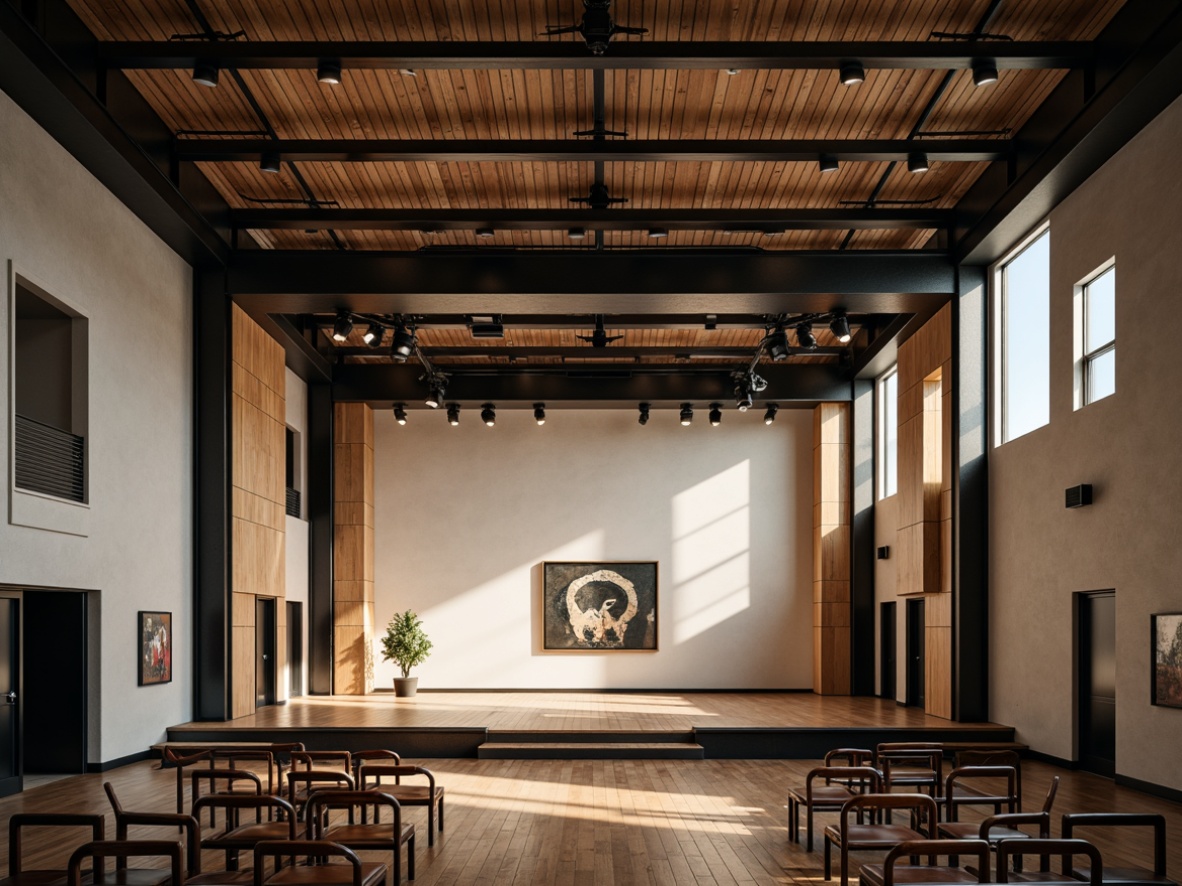 Prompt: Minimalist performance hall, geometric stage design, industrial metal beams, exposed ductwork, functional seating areas, tubular steel chairs, leather cushions, adjustable spotlights, neutral color palette, abstract artwork, sleek wooden floors, open-plan layout, high ceilings, natural light pouring in, dramatic shadows, 1/1 composition, low-angle shot, warm soft lighting, subtle texture details.