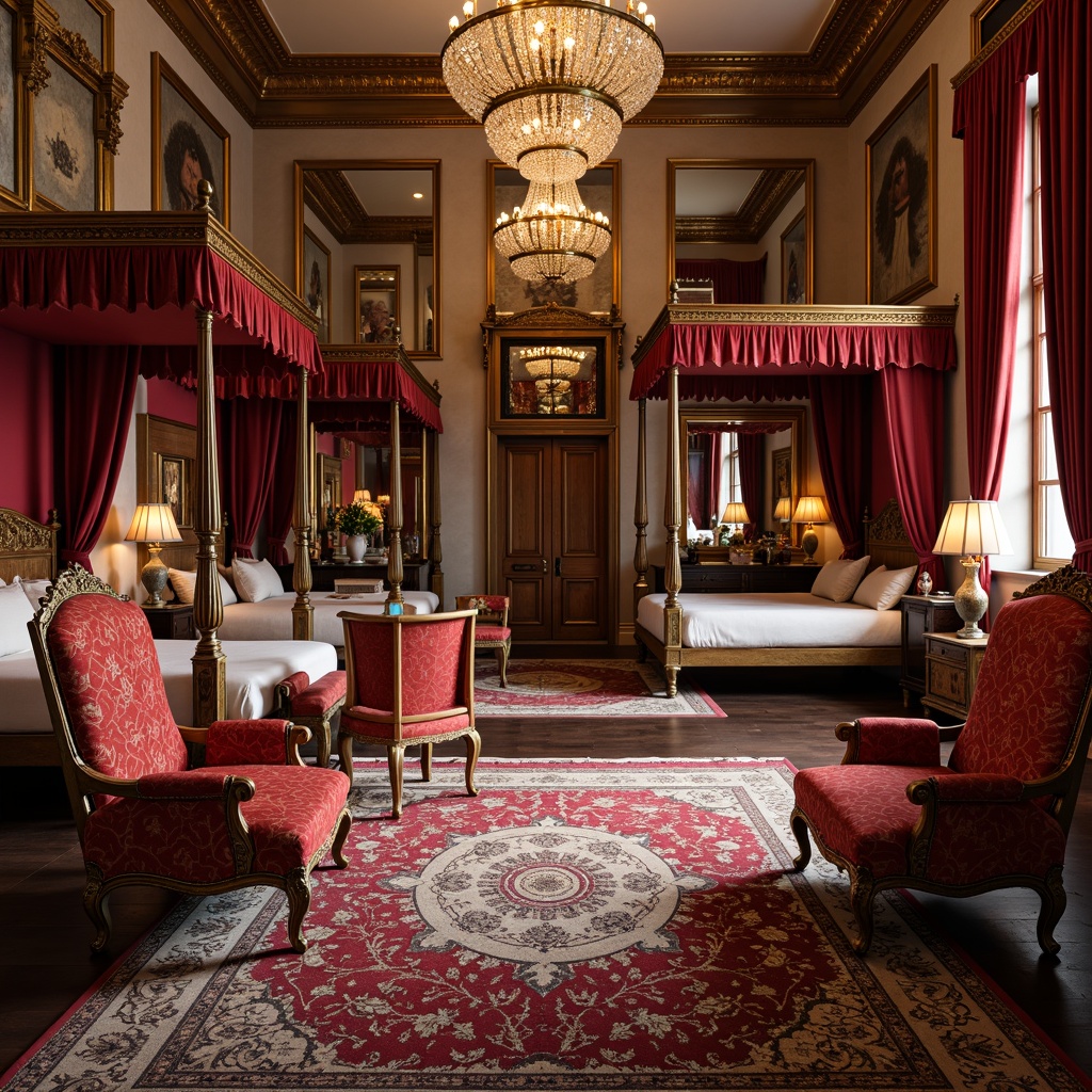 Prompt: Ornate throne chairs, luxurious velvet upholstery, gilded wooden frames, intricately carved legs, majestic canopy beds, opulent crystal chandeliers, richly patterned rugs, grandiose floor mirrors, lavishly adorned cabinets, antique bronze hardware, regal red and gold color scheme, soft warm lighting, dramatic high ceilings, sweeping curved lines, ornate metalwork details, exquisite marble tabletops.