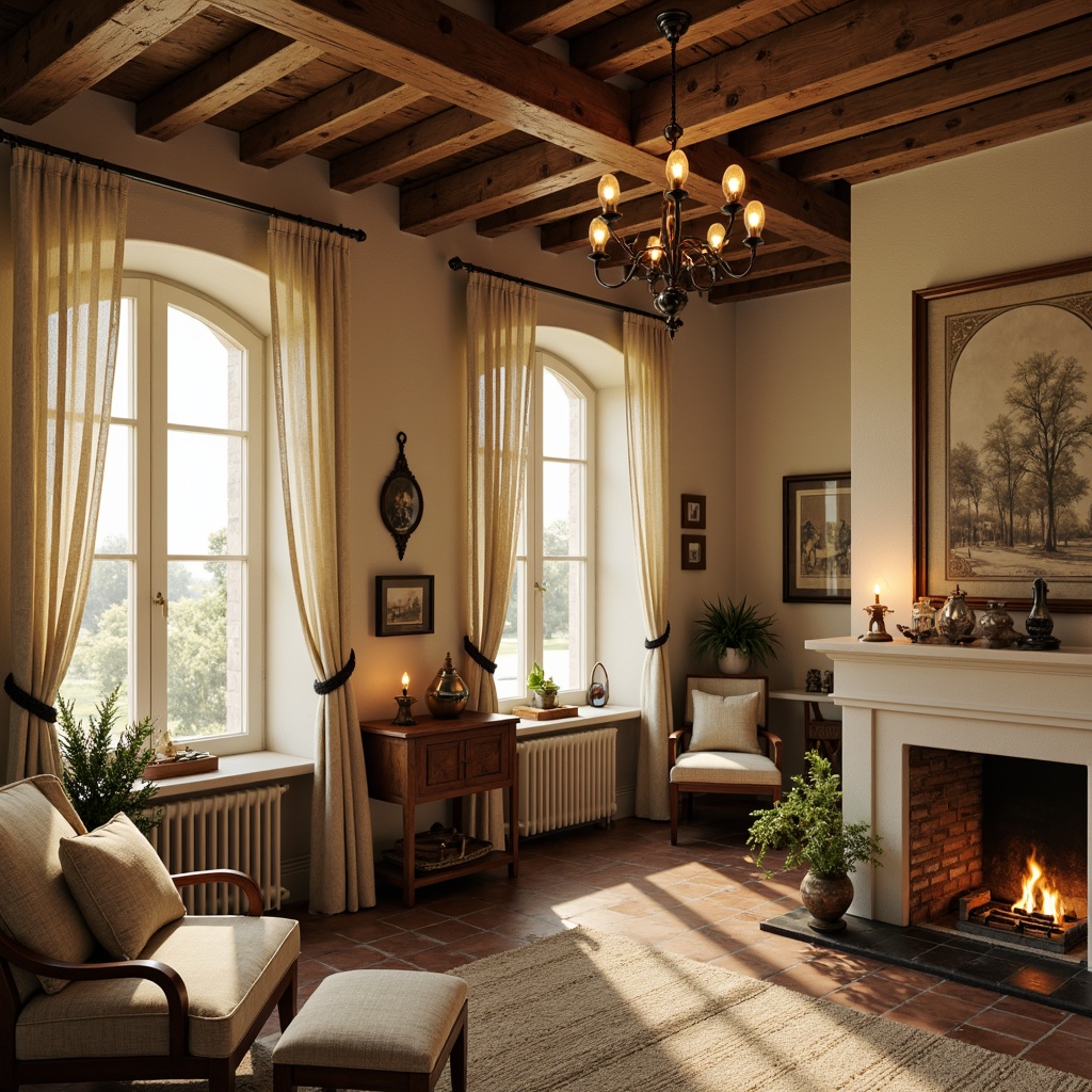 Prompt: Rustic French country interior, warm golden lighting, soft candle glow, ornate metal chandeliers, distressed wood beams, creamy white walls, vintage furniture pieces, natural linen fabrics, delicate lace curtains, subtle floral patterns, earthy terracotta floors, traditional stone fireplaces, cozy reading nooks, warm beige tones, softbox lighting, 1/2 composition, realistic textures, ambient occlusion.