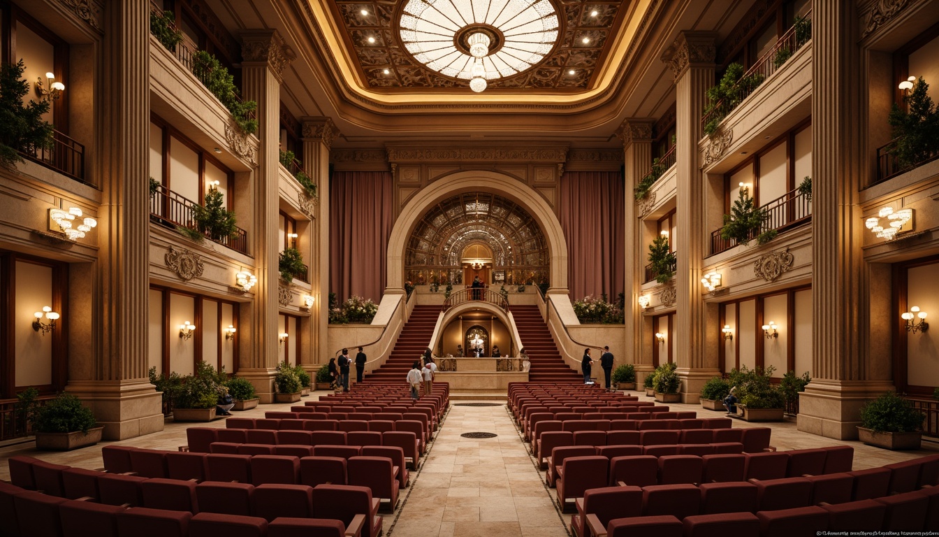 Prompt: Elegant amphitheater, neoclassical architecture, ornate columns, marble flooring, intricate carvings, grand staircase, lavish chandeliers, acoustic panels, sound-absorbing materials, tiered seating, curved rows, optimal sound projection, resonant frequencies, harmonious reverberation, warm ambient lighting, soft shadows, 3/4 composition, symmetrical framing, realistic textures, subtle atmospheric effects.