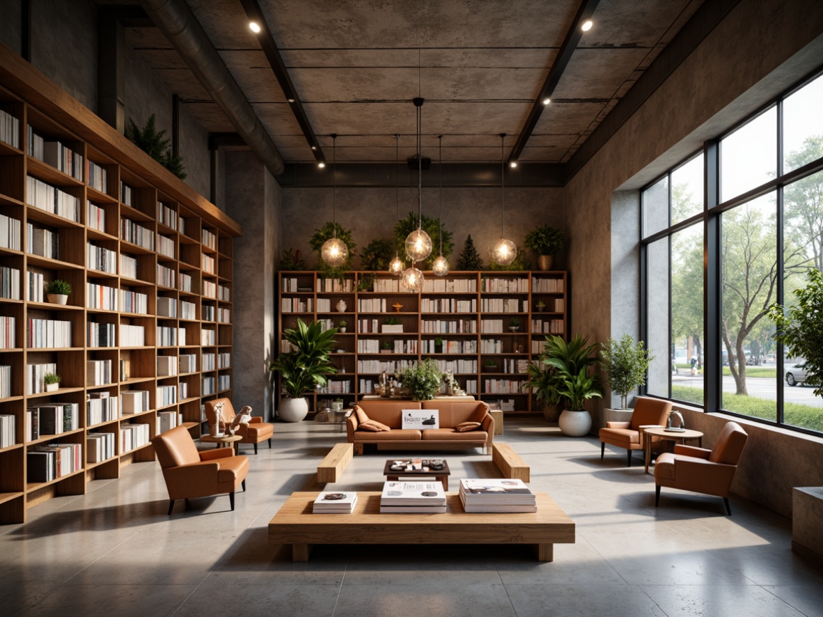 Prompt: Minimalist bookstore, wooden shelves, neatly arranged books, soft warm lighting, elegant chandeliers, industrial metal beams, polished concrete floors, neutral color palette, cozy reading nooks, comfortable leather armchairs, floor-to-ceiling windows, natural daylight, subtle shadows, 1/1 composition, shallow depth of field, realistic textures, ambient occlusion.