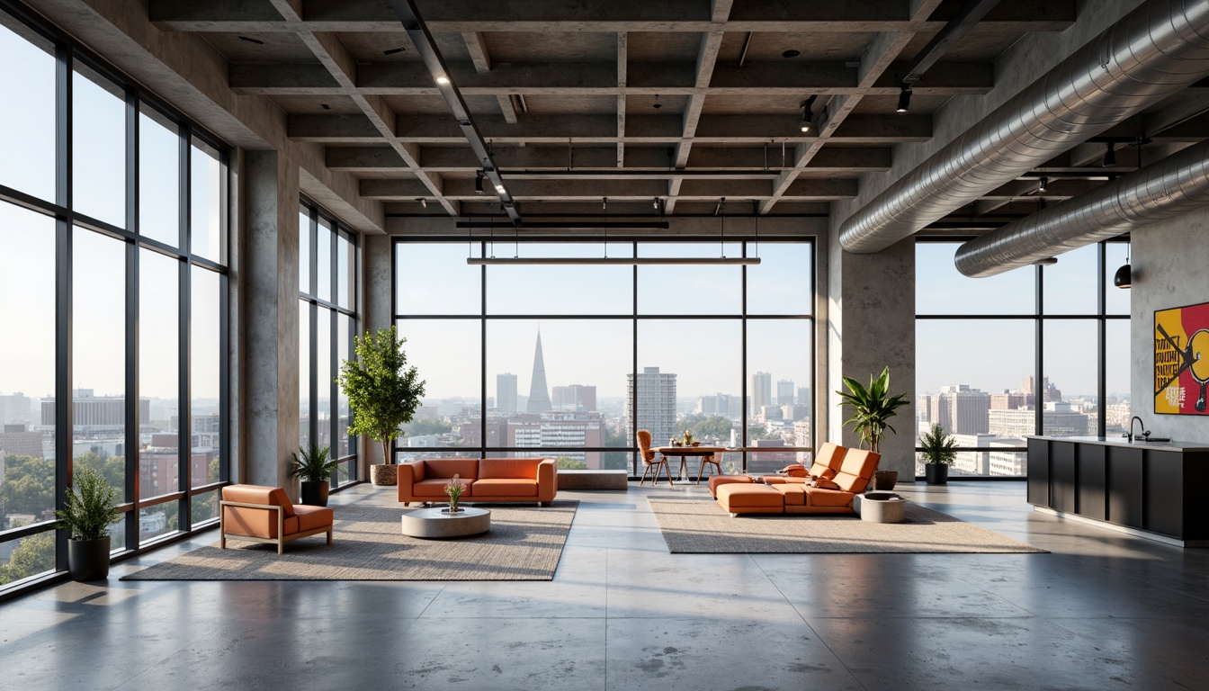 Prompt: Minimalist open floor plan, industrial chic aesthetic, exposed ductwork, polished concrete floors, sleek metal beams, abundant natural light, floor-to-ceiling windows, sliding glass doors, functional modular furniture, geometric shapes, primary color accents, bold typography, urban loft atmosphere, modern cityscape views, soft diffused lighting, shallow depth of field, 2/3 composition, wide-angle lens, realistic textures, ambient occlusion.