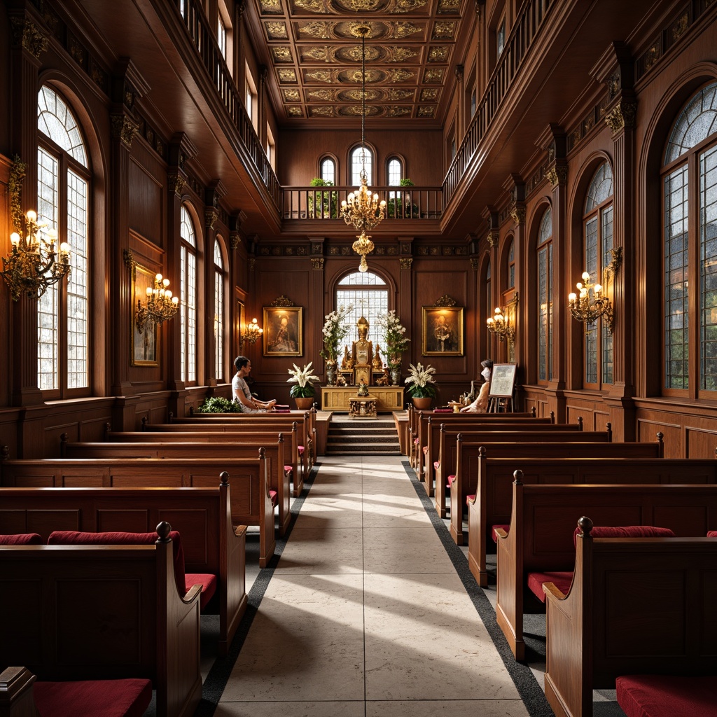 Prompt: Elegant temple interior, intricately carved wooden pews, plush velvet cushions, golden accents, ornate chandeliers, stained glass windows, majestic altar, sacred relics display, subtle fragrance, warm soft lighting, calm ambiance, minimalist decor, natural stone flooring, rich wood tones, luxurious fabrics, devotional artifacts, serene atmosphere, 3/4 composition, shallow depth of field.