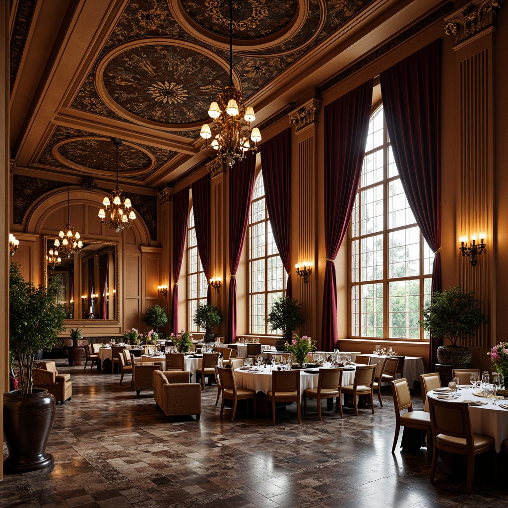 Prompt: Luxurious dining hall, intricately patterned walls, sinuous lines, flowing curves, organic forms, stained glass windows, grand chandeliers, ornate metalwork, velvety drapes, rich wood paneling, polished marble floors, elegant furnishings, vintage candelabras, soft warm lighting, shallow depth of field, 1/2 composition, realistic textures, ambient occlusion.