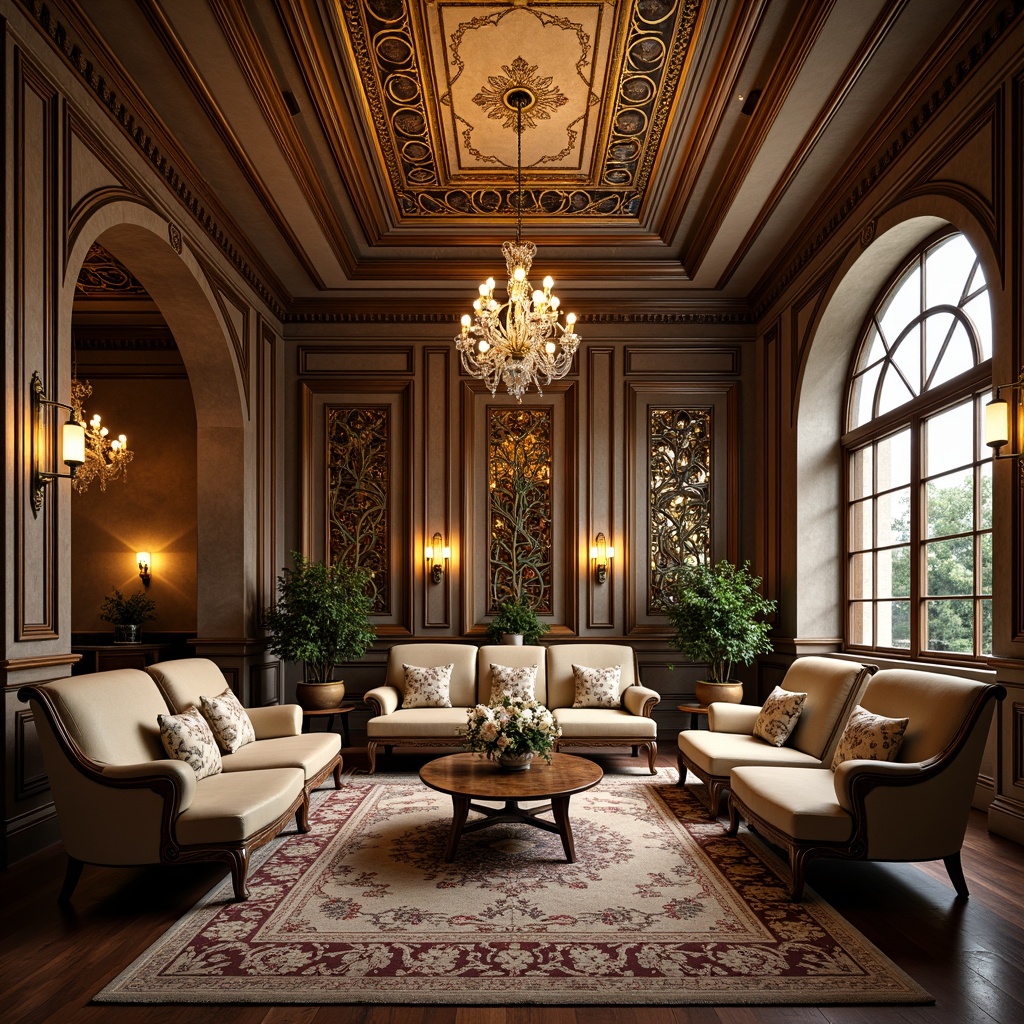 Prompt: Intricate ornate furniture, sinuous curved lines, organic botanical forms, luxurious velvet upholstery, polished wooden accents, grand chandelier lighting, stained glass windows, elegant floral patterns, soft golden warm tones, richly textured rugs, ornate metalwork details, majestic high ceilings, sweeping archways, refined lattice designs, sophisticated symmetrical compositions, lavish decorative trim, opulent jewel-toned color palette, dramatic spotlights, 3/4 composition, shallow depth of field, realistic textures.