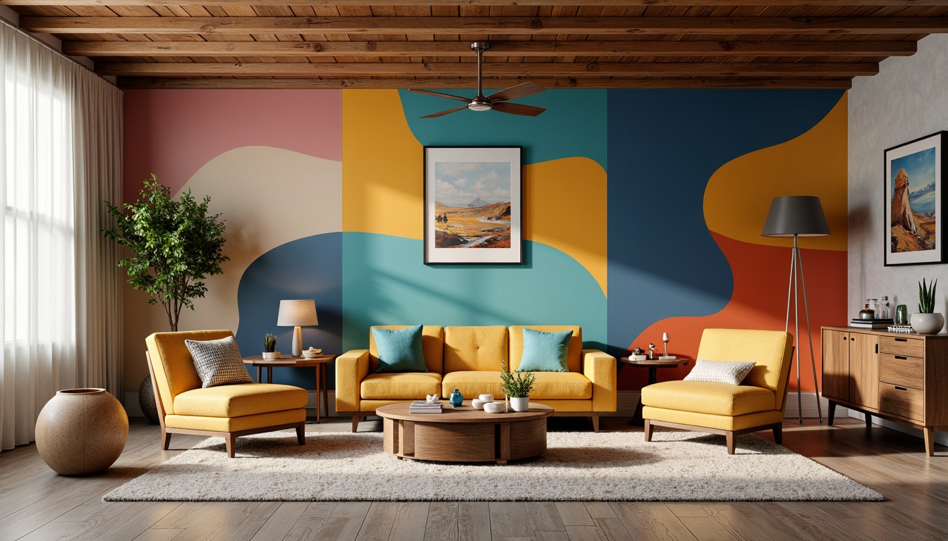 Prompt: Vibrant accent walls, bold geometric patterns, rich wood tones, metallic sheen, soft pastel hues, monochromatic color schemes, statement furniture pieces, abstract artwork, eclectic decorative accessories, natural textiles, warm ambient lighting, shallow depth of field, 3/4 composition, panoramic view, realistic textures, ambient occlusion.