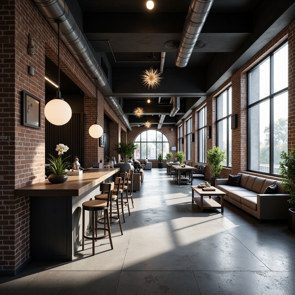 Prompt: Minimalist interior, industrial chic, exposed brick walls, polished concrete floors, metallic accents, functional lighting fixtures, geometric shapes, monochromatic color scheme, dramatic shadows, high-contrast lighting, pendant lamps, sputnik chandeliers, recessed ceiling lights, floor-to-ceiling windows, natural daylight, softbox diffusers, warm white light, 1/2 composition, low-angle shot, cinematic atmosphere, realistic reflections.