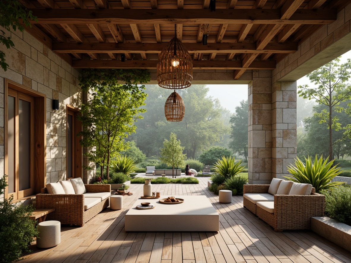 Prompt: Rustic pavilion, natural stone walls, reclaimed wood beams, earthy color palette, organic textures, woven rattan furniture, plush greenery, hanging vines, wooden lanterns, soft warm lighting, shallow depth of field, 3/4 composition, panoramic view, realistic wood grains, ambient occlusion, misty morning atmosphere, subtle fog effects.