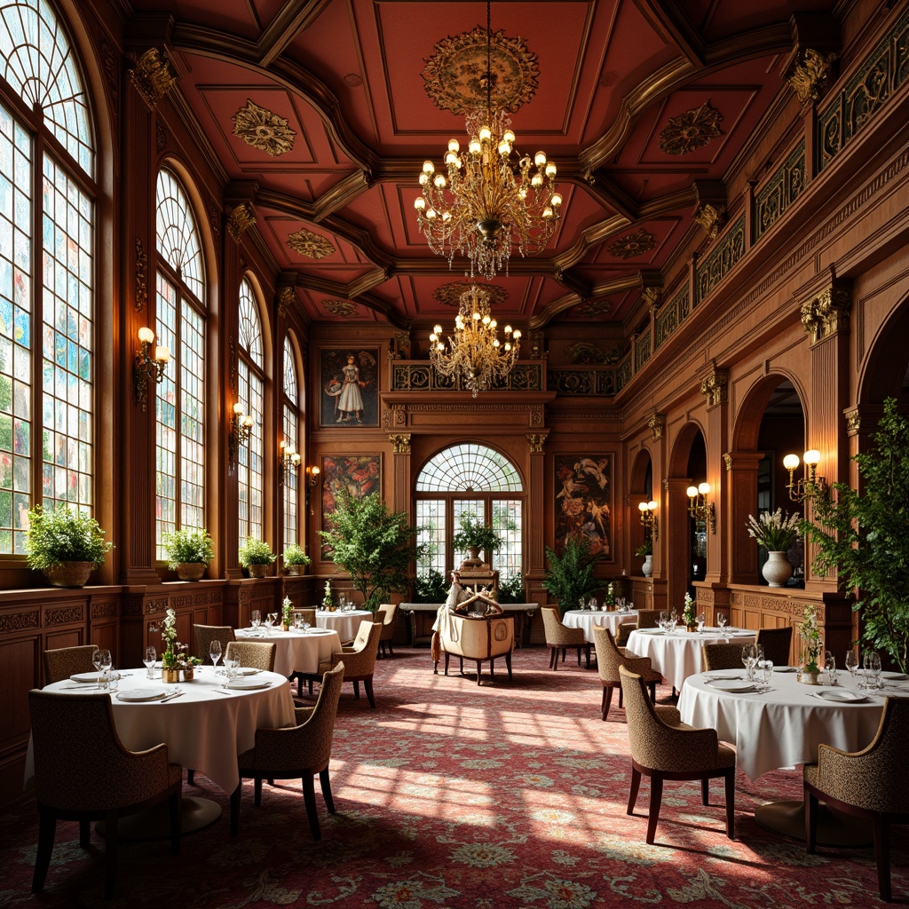 Prompt: Ornate dining hall, sinuous lines, flowing curves, organic forms, lavish decorations, intricate moldings, stained glass windows, ornamental metalwork, luxurious fabrics, velvet drapes, carved wooden panels, grand chandeliers, soft warm lighting, shallow depth of field, 2/3 composition, symmetrical balance, opulent atmosphere, rich textures, vivid colors, golden accents, floral patterns, foliage motifs, whimsical illustrations, elegant furnishings, refined details.