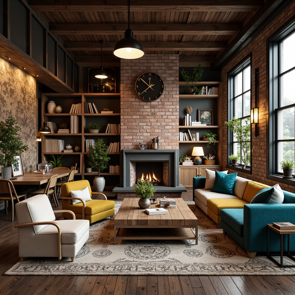 Prompt: Rich wood tones, deep charcoal grays, creamy whites, warm beige accents, vibrant turquoise blues, bold yellow ochres, eclectic mix of patterns, industrial metal beams, exposed brick walls, reclaimed wooden floors, plush velvet fabrics, sleek leather upholstery, modern minimalist lighting fixtures, cozy atmospheric ambiance, warm inviting glow, shallow depth of field, 1/1 composition, realistic textures, ambient occlusion.Please let me know if this meets your requirements!