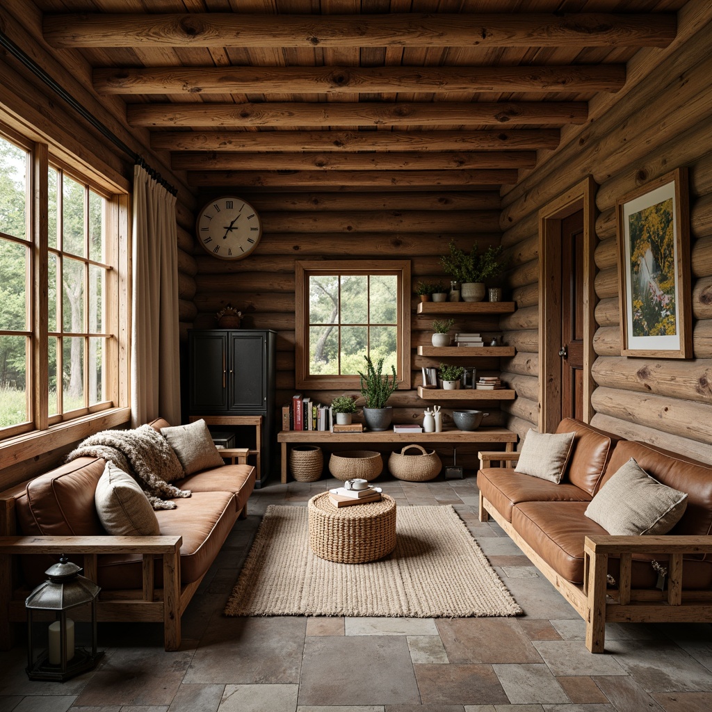 Prompt: Rustic wooden cabin, vintage metal accents, earthy color palette, natural stone flooring, reclaimed wood furniture, plush throw blankets, distressed leather sofas, antique metal lanterns, woven rattan baskets, nature-inspired artwork, cozy reading nooks, soft warm lighting, shallow depth of field, 3/4 composition, realistic textures, ambient occlusion.