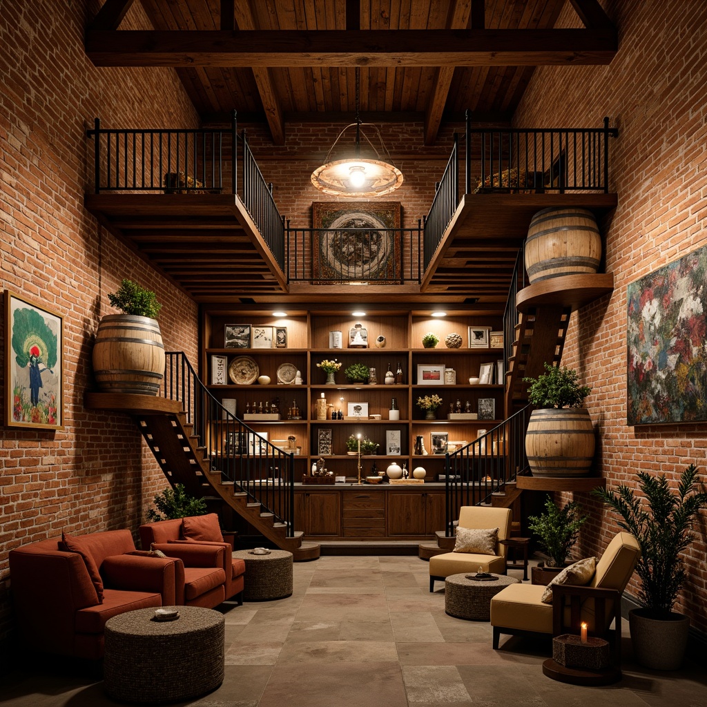 Prompt: Rustic wine cellar, exposed brick walls, dimmed warm lighting, wooden crates, vintage wine barrels, eclectic decorative artifacts, spiral staircases, ornate metal railings, distressed wood shelving, industrial-chic pendant lights, rich leather upholstery, abstract modern artwork, earthy tone color palette, natural stone flooring, ambient soft shadows, 1/2 composition, intimate atmosphere, realistic textures.