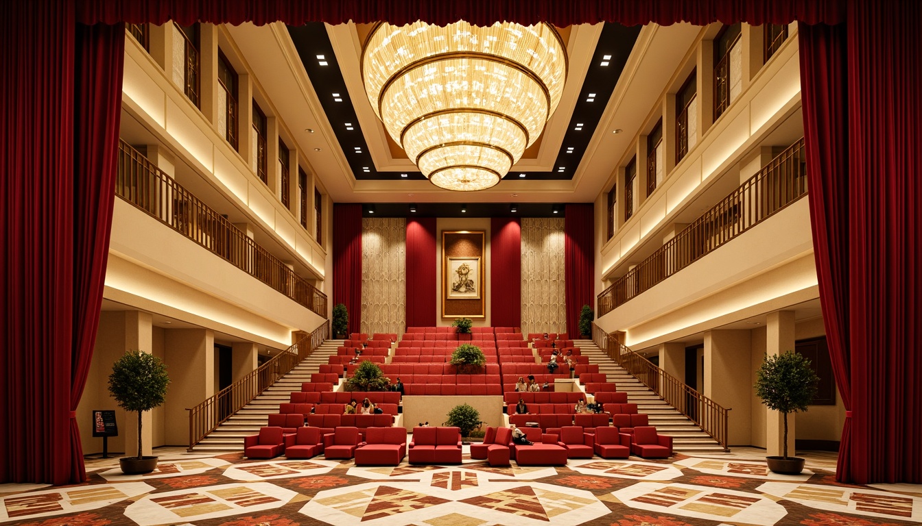 Prompt: Luxurious auditorium, opulent gold accents, rich velvet drapes, ornate metalwork, geometric patterns, lavish chandeliers, majestic staircases, warm beige walls, sophisticated cream ceilings, bold red carpeting, intricate marble flooring, dramatic spotlights, soft golden lighting, 1/1 composition, symmetrical framing, high-contrast colors, vibrant Art Deco motifs.