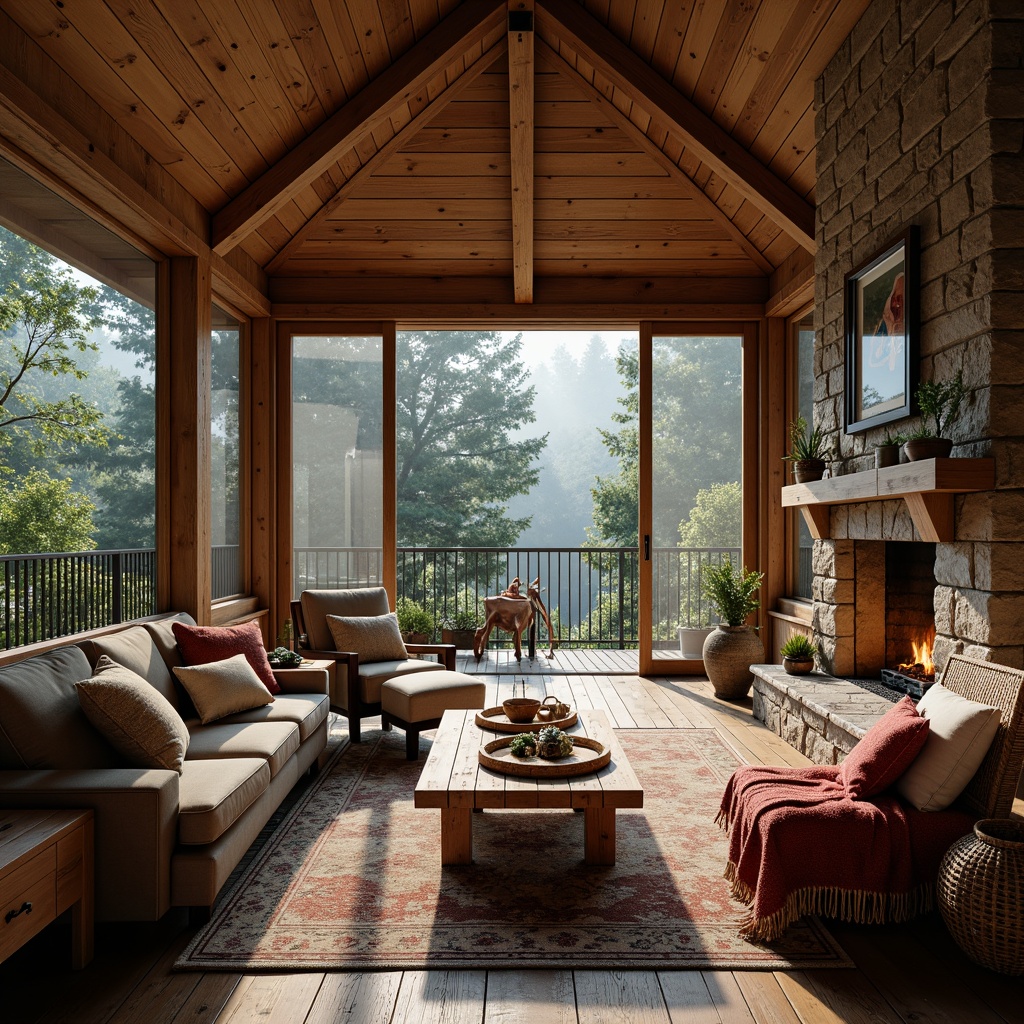 Prompt: Rustic cabin, wooden accents, earthy tones, natural textures, stone fireplaces, cozy nooks, vintage decor, distressed finishes, reclaimed wood furniture, plush throw blankets, soft candlelight, warm color palette, nature-inspired patterns, woven baskets, antique accessories, aged metal hardware, comfortable seating areas, panoramic forest views, misty morning light, shallow depth of field, 2/3 composition, realistic wood grain, ambient occlusion.