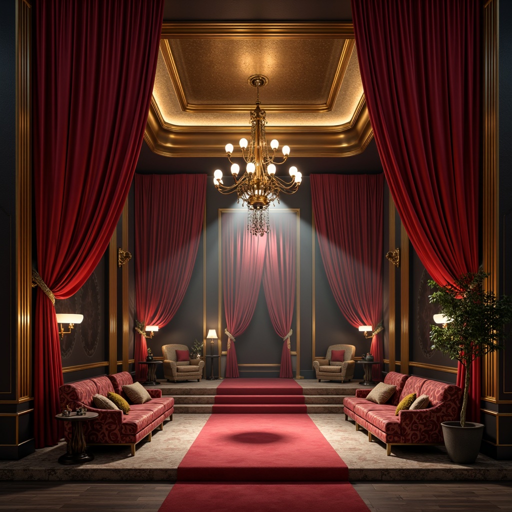 Prompt: Rich velvet curtains, golden accents, luxurious seating, ornate details, art deco patterns, warm dim lighting, cinematic ambiance, red carpet entrance, dramatic high ceilings, opulent chandeliers, bold color scheme, deep jewel tones, rich berry hues, metallic sheen, sophisticated neutral background, atmospheric fog effects, cinematic lens flares, shallow depth of field, 1/1 composition, realistic textures, ambient occlusion.