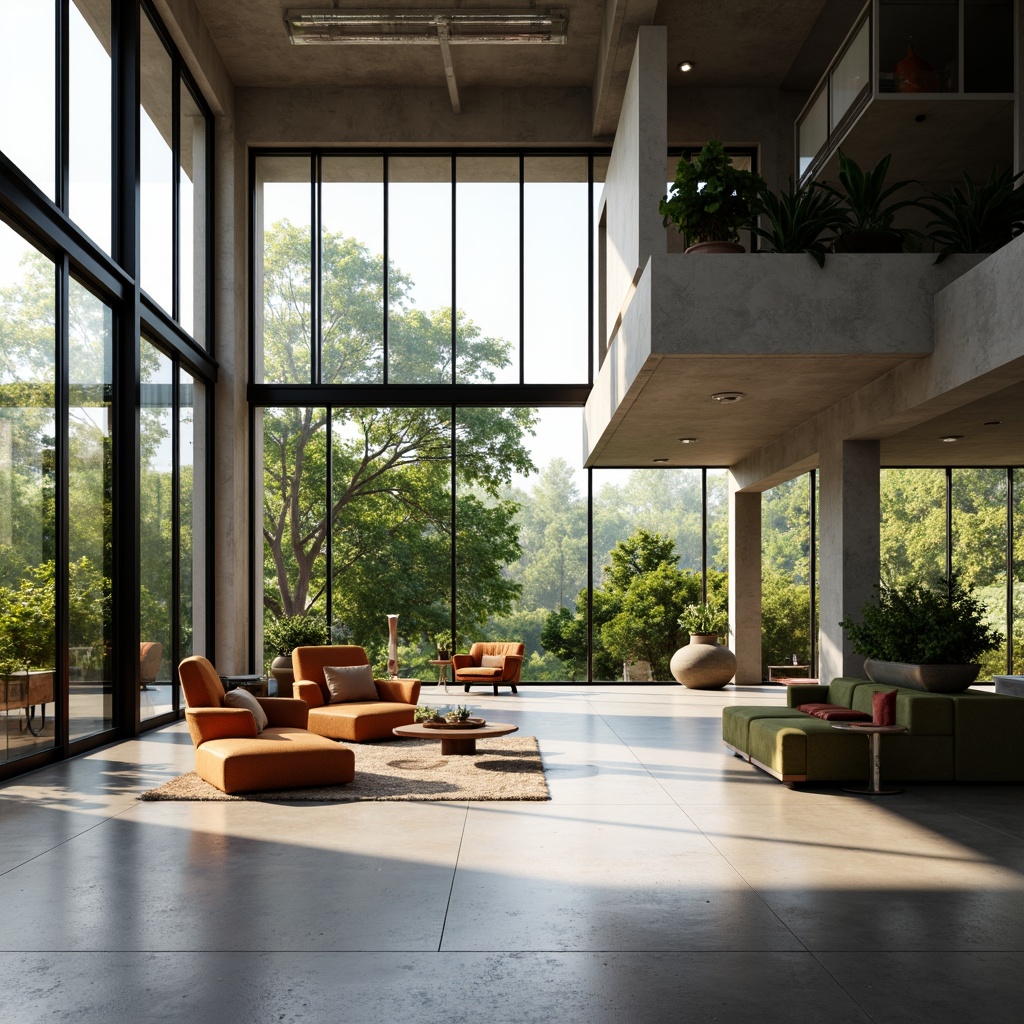 Prompt: Minimalist interior, large windows, glass doors, steel frames, open floor plan, polished concrete floors, industrial pipes, exposed ductwork, functional simplicity, geometric shapes, primary colors, natural textiles, abundant greenery, organic forms, brutalist elements, cantilevered roofs, asymmetrical compositions, dramatic shadows, high contrast lighting, warm afternoon sun, soft diffuse glow, shallow depth of field, 1/1 composition, realistic textures, ambient occlusion.