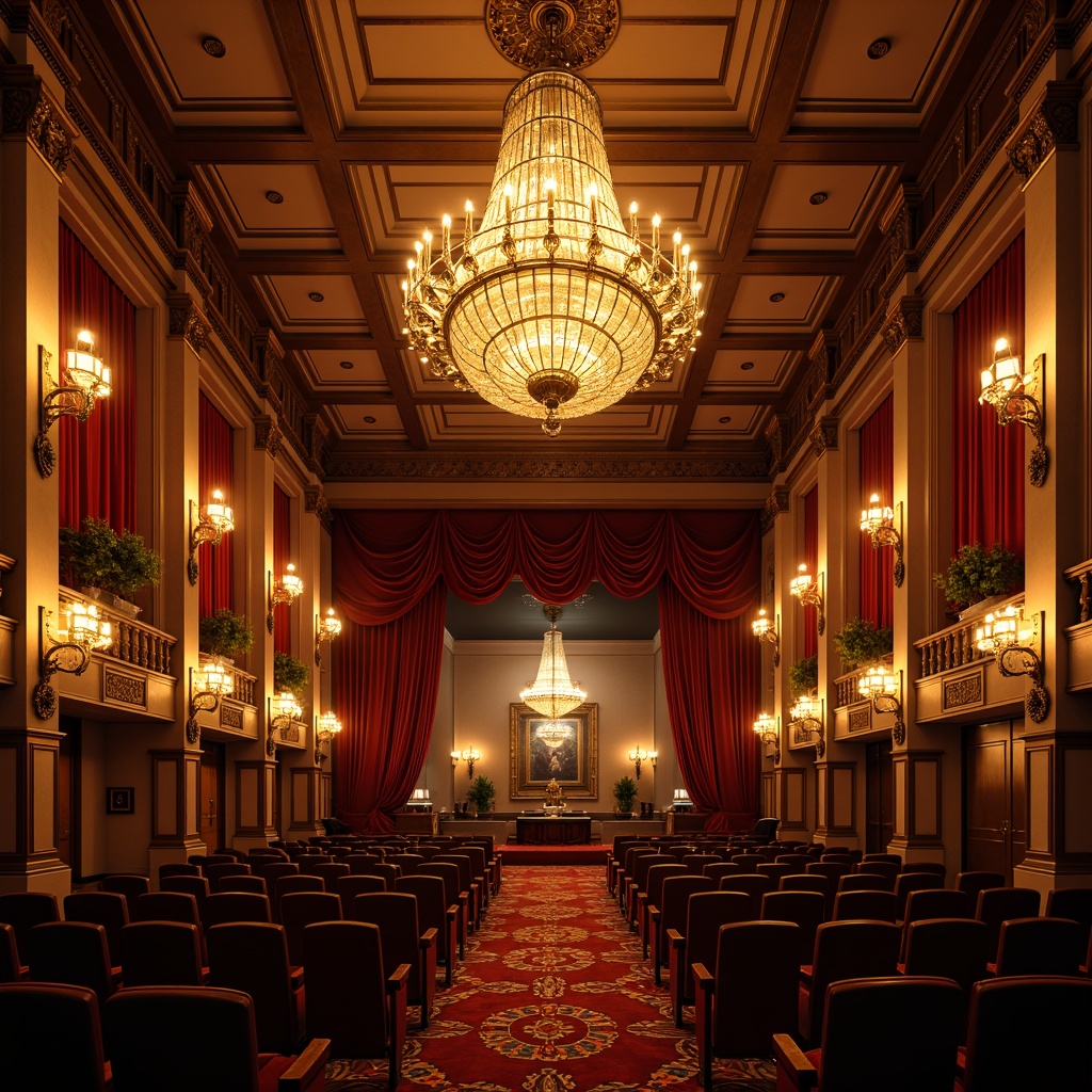 Prompt: Opulent auditorium, lavish chandeliers, ornate sconces, bronze fixtures, rich velvet drapes, geometric patterns, intricate moldings, luxurious fabrics, warm golden lighting, soft warm glow, dramatic spotlights, subtle color temperatures, high contrast ratios, 1/2 composition, cinematic atmosphere, realistic reflections, ambient occlusion, Art Deco inspired details, ornamental metalwork, stylized typography, lavish decorations.