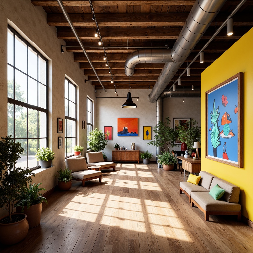 Prompt: Vibrant modern art studio, sleek wooden floors, minimalist decor, abstract artwork displays, eclectic furniture pieces, bold color accents, natural light pouring in, large windows, industrial metal beams, exposed brick walls, creative freedom atmosphere, warm cozy ambiance, softbox lighting, 1/1 composition, realistic textures, ambient occlusion.