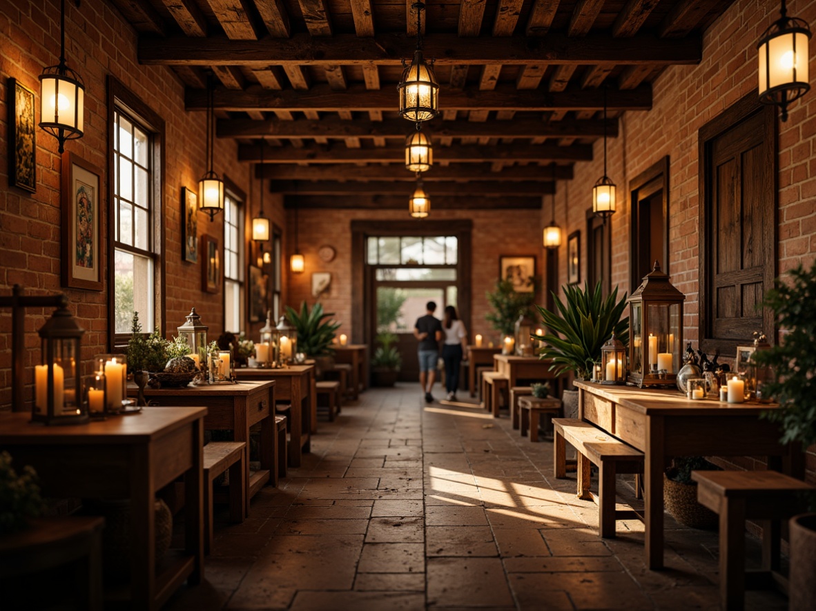 Prompt: Warm traditional marketplace, rustic wooden beams, distressed brick walls, ornate metal lanterns, pendant lighting, candles, warm glow, soft shadows, cozy atmosphere, vintage decorative elements, rich textiles, earthy tones, natural materials, ambient illumination, subtle color palette, 3/4 composition, realistic textures, detailed ornamentation.