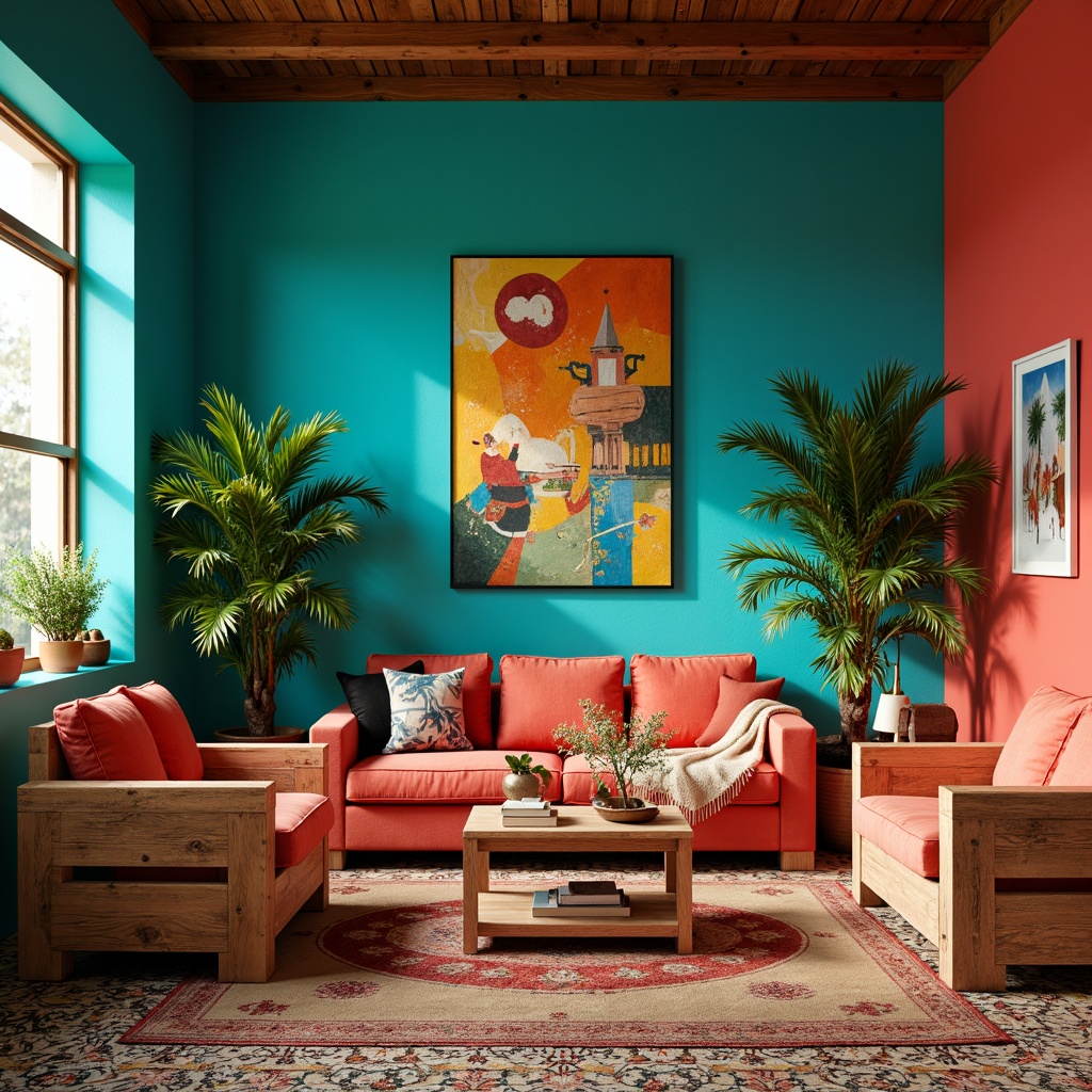 Prompt: Vibrant eclectic interior, rich turquoise walls, bold coral accents, distressed wood furniture, vintage velvet upholstery, abstract artwork, natural fiber rugs, Moroccan-inspired tiles, eclectic accessories, global cultural elements, warm golden lighting, soft shadows, high contrast ratio, 1/1 composition, realistic textures, ambient occlusion.