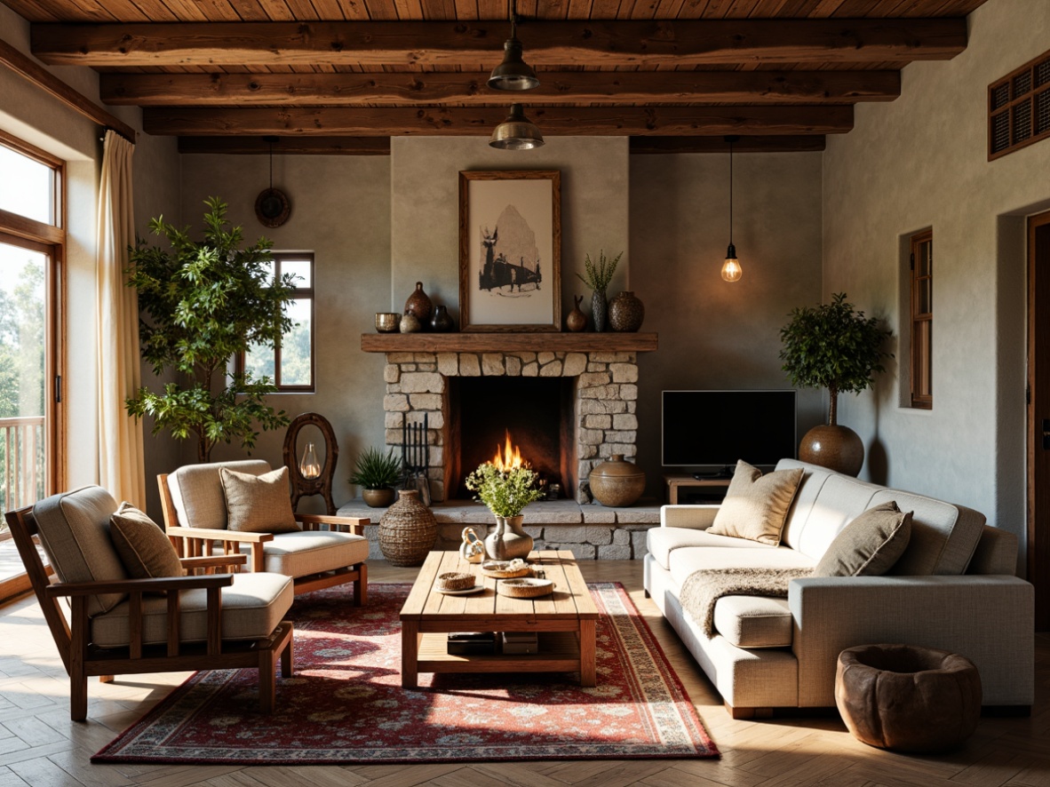 Prompt: Cozy living room, earthy color palette, natural materials, wooden accents, stone fireplace, plush furnishings, vintage decorative items, warm lighting, soft textiles, rustic wooden beams, organic shapes, eclectic accessories, ethnic-inspired patterns, distressed finishes, intimate seating areas, layered rugs, greenery-filled planters, morning sunlight, shallow depth of field, 1/2 composition, inviting atmosphere.