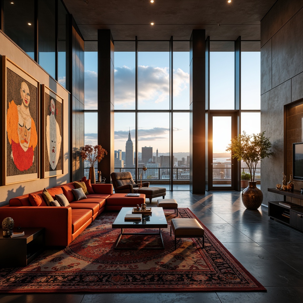 Prompt: Luxurious penthouse interior, lavish furnishings, avant-garde artwork, sleek lines, abstract sculptures, bold color palette, eclectic textiles, plush area rugs, floor-to-ceiling windows, breathtaking cityscape views, dramatic lighting fixtures, metallic accents, high-gloss finishes, minimalist decor, spatial layering, atmospheric ambiance, cinematic angles, 1/2 composition, shallow depth of field, warm golden hour lighting, soft focus blur.